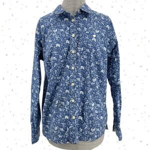 Duluth Trading Blue Chicken Printmaker Cotton Long Sleeve Button Up Shirt Size M